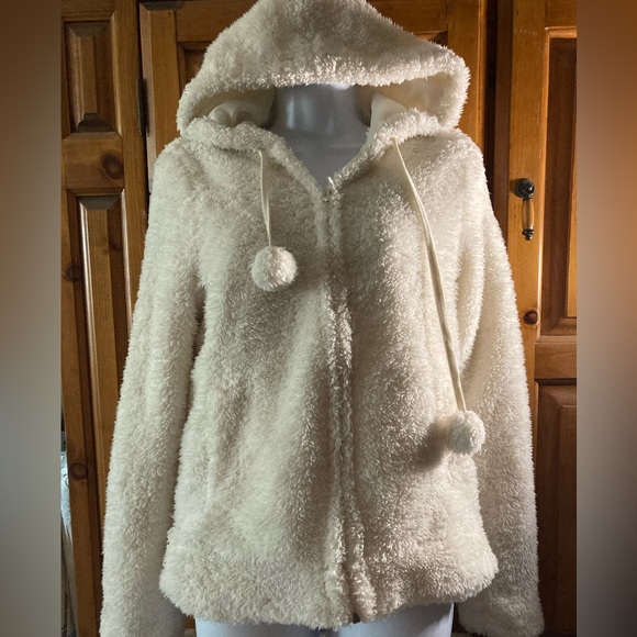 JJ Basics Womens Cream White Furry Pom Pom Hoodie Sweatshirt L Large - Picture 6 of 9
